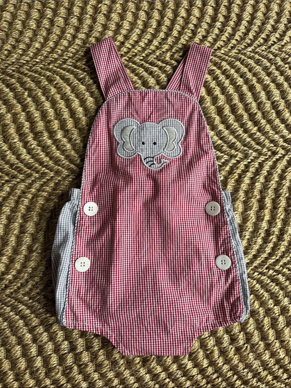Alabama Gingham Baby Romper with Elephant Applique, Size 2
